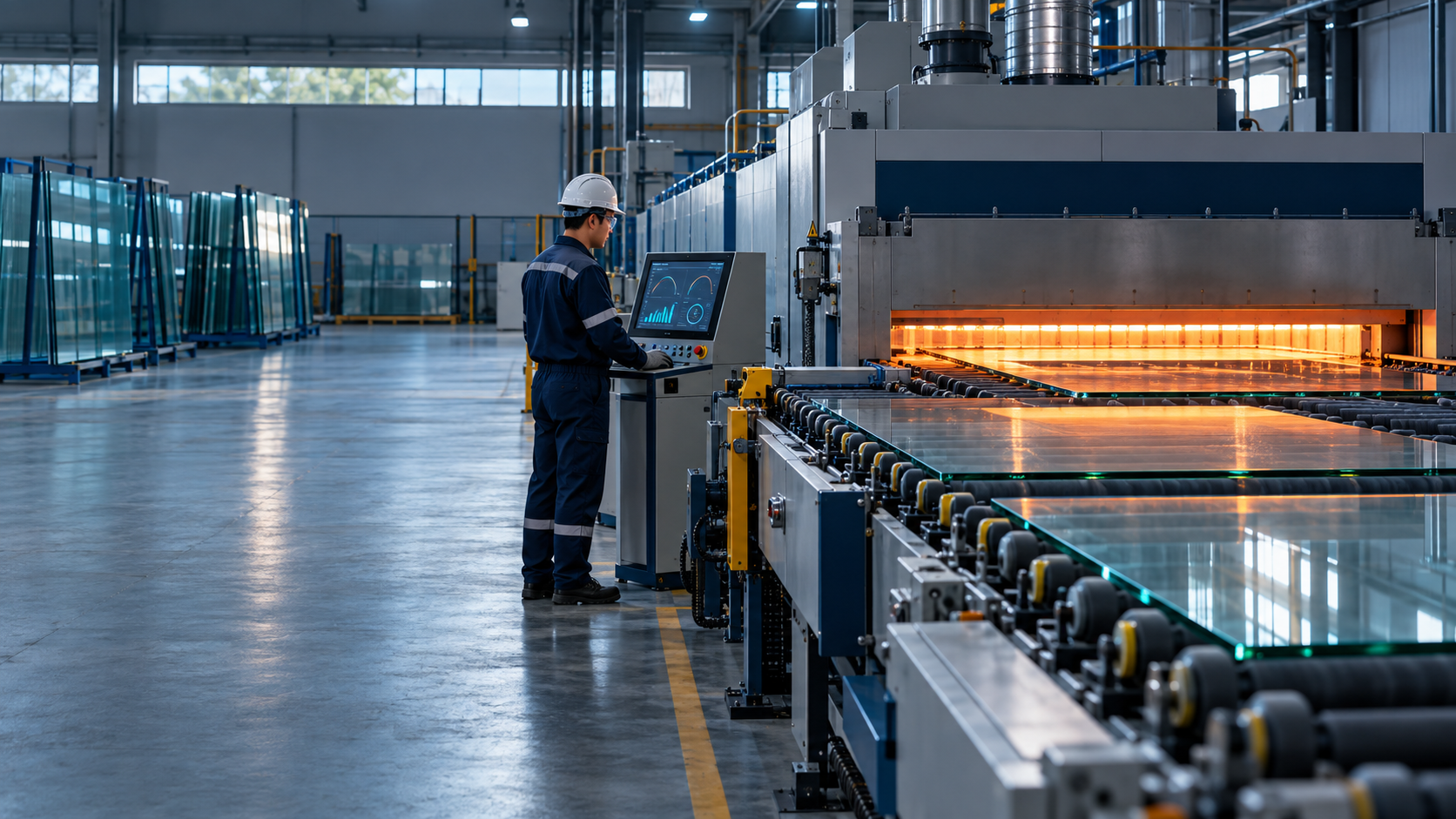 Operator monitoring a modern tempered-glass production line